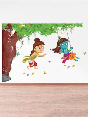 Rawpockets Wall Decals ' Lord Krishna Playing Swing under Tree ' Wall stickers (PVC Vinyl) Multicolour - 15734136 - Standard Image - 2