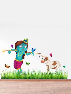 Rawpockets Wall Decals ' Lord Krishna Cow Grass Butterfly Story ' Wall stickers (PVC Vinyl) Multicolour - 15734146 - Standard Image - 2