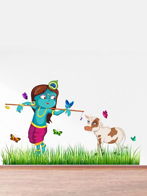 Rawpockets Wall Decals ' Lord Krishna Cow Grass Butterfly Story ' Wall stickers (PVC Vinyl) Multicolour - 15734146 - Zoom Image - 2