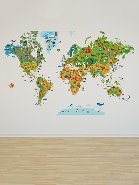 Rawpockets Wall Decals ' World Map With Animals ' Wall stickers (PVC Vinyl) Multicolour - 15734152 - Zoom Image - 2