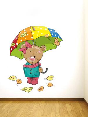 Rawpockets Wall Decals ' Bear with Umbrella Snow effect - Kids Room ' Wall stickers (PVC Vinyl) Multicolour - 15734181 - Standard Image - 2