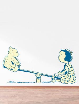 Rawpockets Wall Decals ' Bear and Girl Playing Seesaw ' Wall stickers (PVC Vinyl) Multicolour - 15734187 - Standard Image - 2