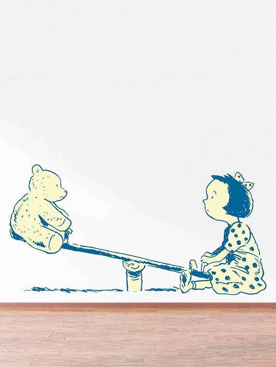 Rawpockets Wall Decals ' Bear and Girl Playing Seesaw ' Wall stickers (PVC Vinyl) Multicolour - 15734187 - Zoom Image - 2