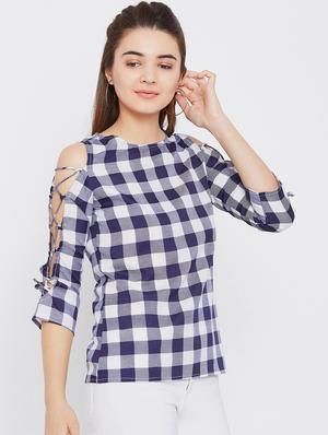 criss cross lace up sleeved checkered top - 15735860 - Standard Image - 2