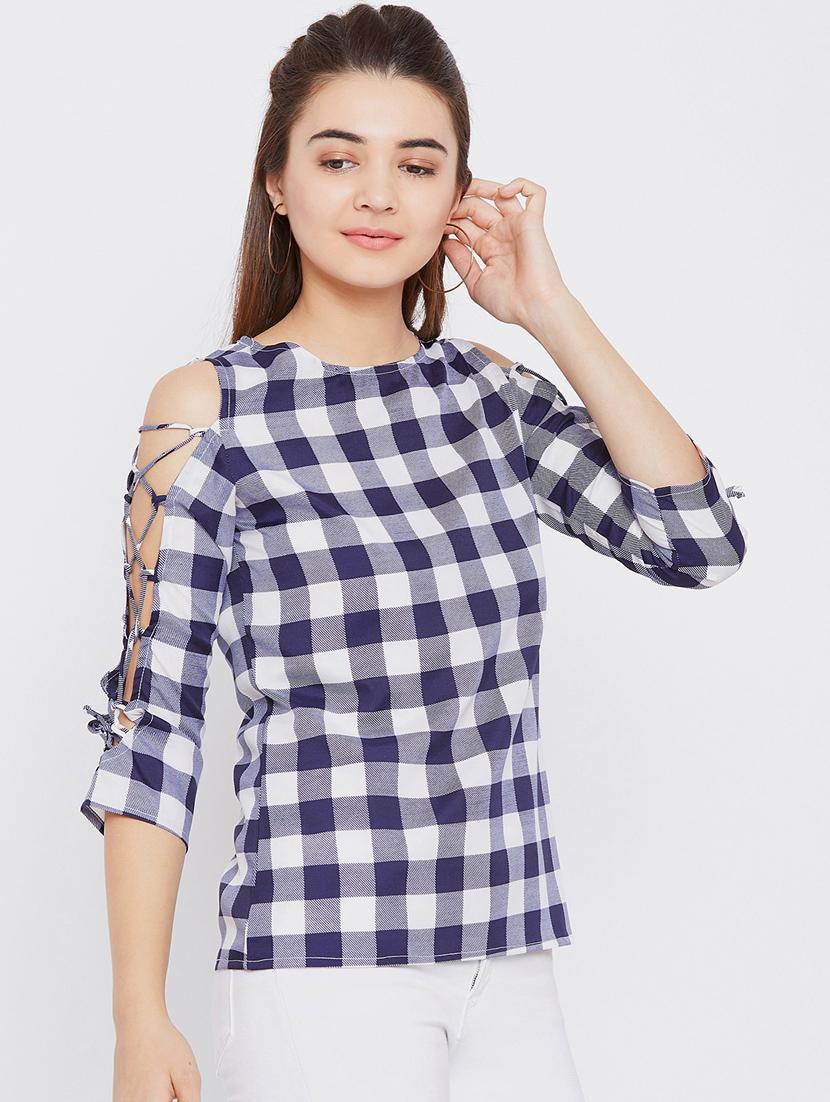 criss cross lace up sleeved checkered top - 15735860 - Zoom Image - 2