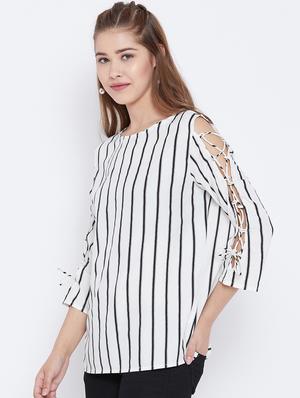 criss cross lace up sleeved striped top - 15735863 - Standard Image - 2