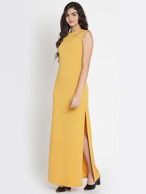 mustard x-neck high slit dress - 15736794 - Standard Image - 2