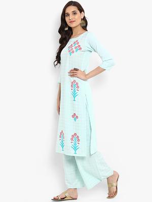 Turquoise crepe straight kurta - 15737036 - Standard Image - 2