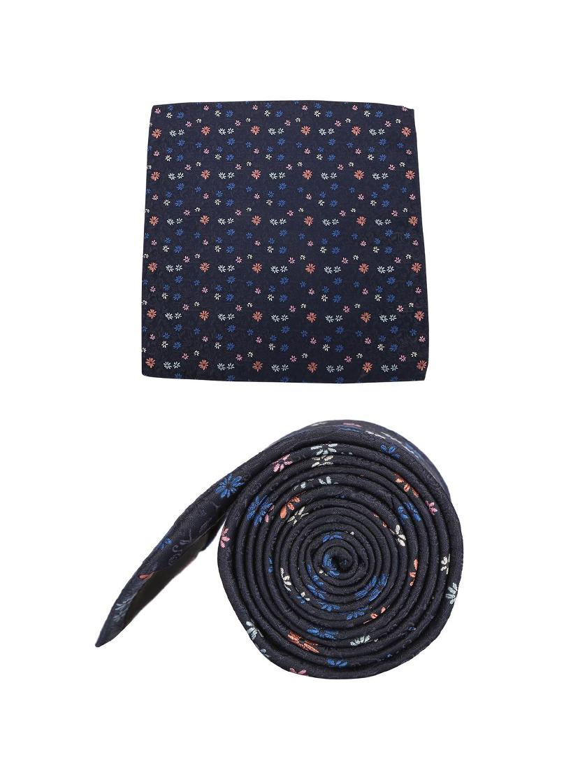 navy cotton tie with pocketsqaure - 15737832 - Zoom Image - 2