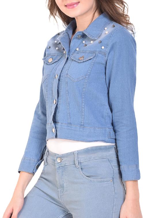 pearl embellished denim jacket - 15741021 - Zoom Image - 2
