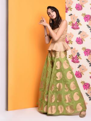 Chanderi peplum top with self-design flared palazzo set - 15741205 - Standard Image - 2