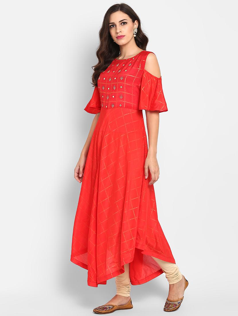 Cold shoulder asymmetric kurta - 15742829 - Zoom Image - 2