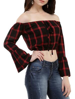 off shoulder checkered crop top - 15744483 - Standard Image - 2