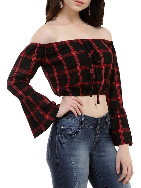 off shoulder checkered crop top - 15744483 - Zoom Image - 2