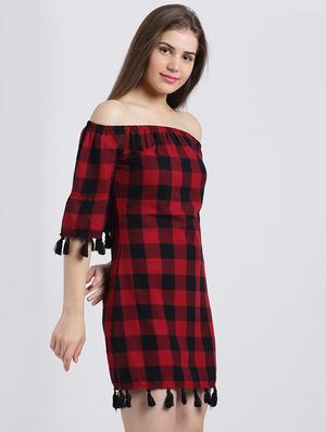 off shoulder checkered shift dress - 15747094 - Standard Image - 2