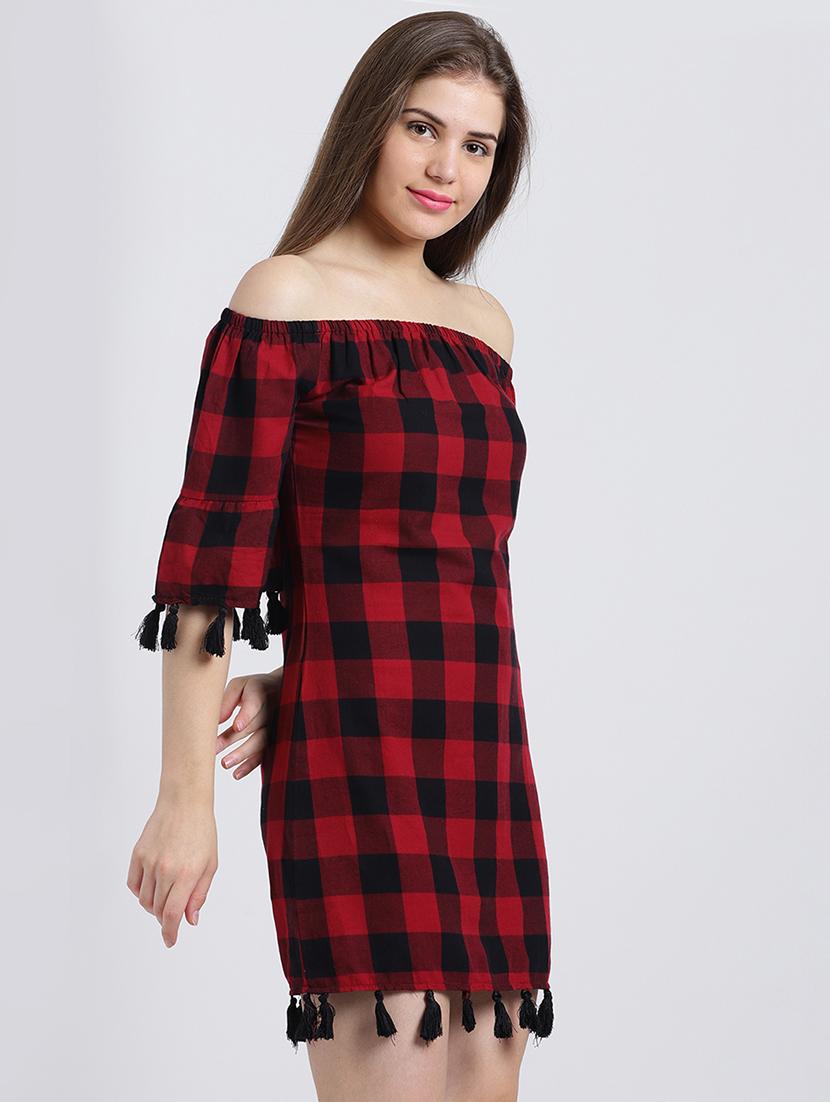off shoulder checkered shift dress - 15747094 - Zoom Image - 2