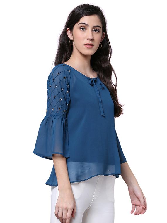 tie-up neck embellished sheer top - 15756914 - Zoom Image - 2