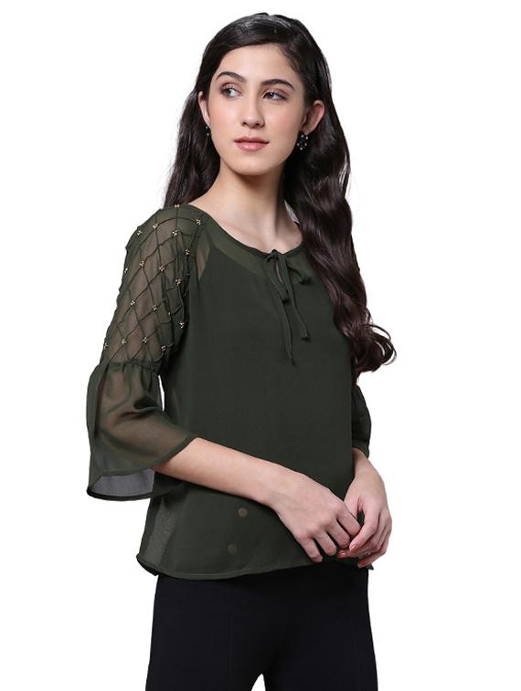tie-up neck embellished sheer top - 15756915 - Zoom Image - 2