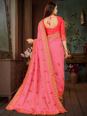 embroidered pink saree with blouse - 15758240 - Standard Image - 2