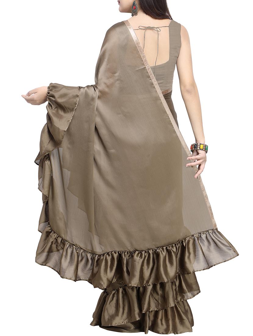 Ruffled border solid saree with blouse - 15763406 - Zoom Image - 2