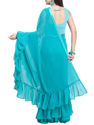 Ruffled border solid saree with blouse - 15763407 - Standard Image - 2