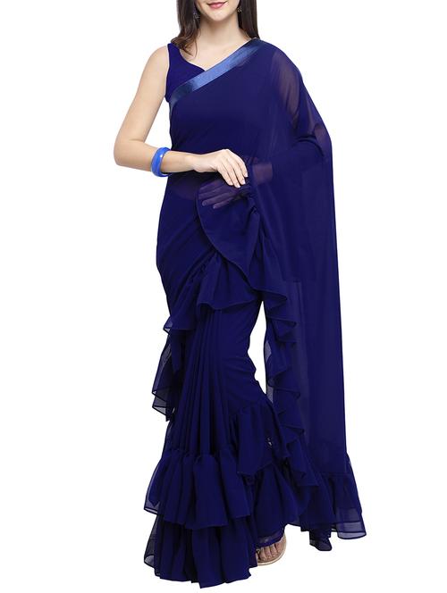 Ruffled border solid saree with blouse - 15763408 - Standard Image - 1