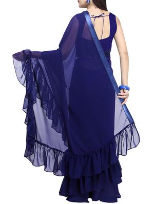 Ruffled border solid saree with blouse - 15763408 - Standard Image - 2
