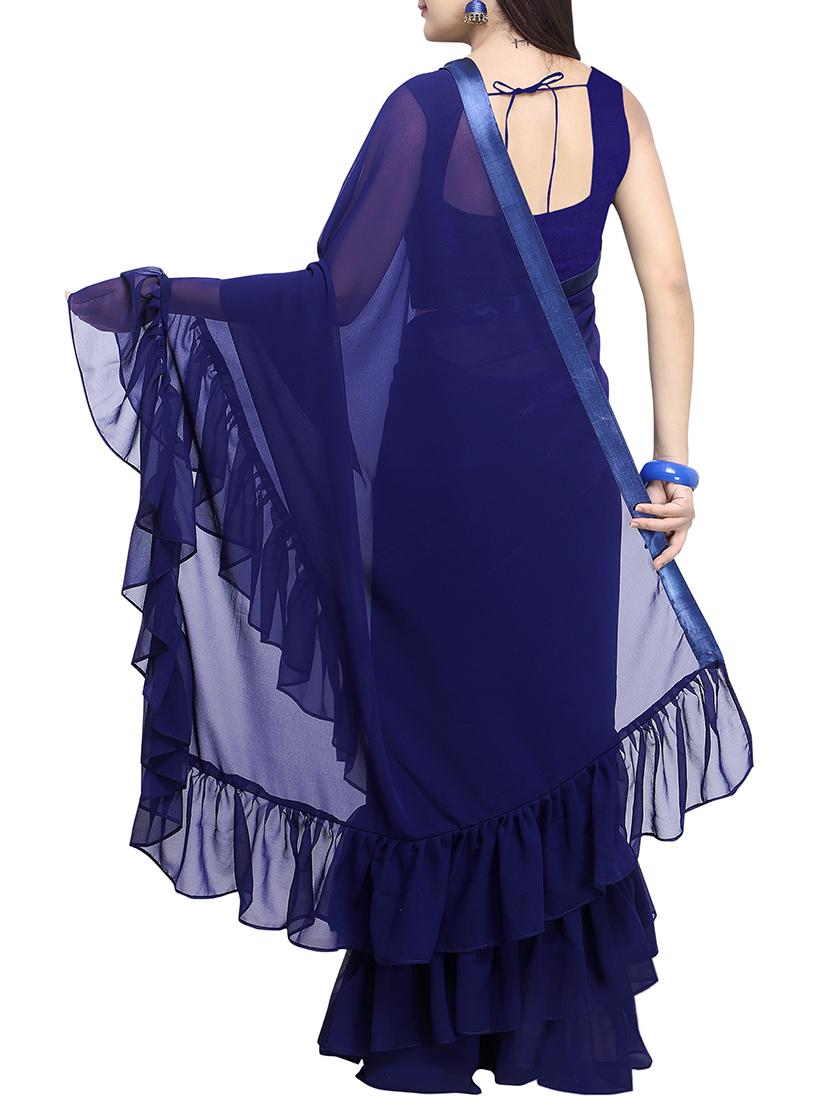 Ruffled border solid saree with blouse - 15763408 - Zoom Image - 2