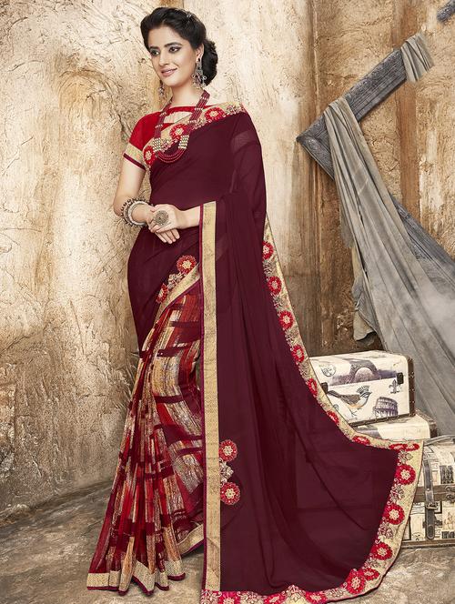 maroon embroidered half and half saree with blouse - 15765916 - Very Small Image - 1