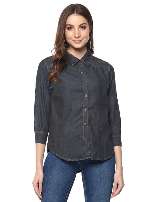 curved hem denim shirt - 15770458 - Standard Image - 1