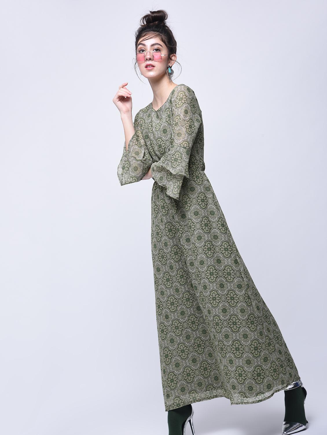 layered bell sleeved maxi dress - 15770565 - Zoom Image - 2
