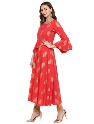 Foil print bell sleeves a-line kurta - 15772327 - Standard Image - 2
