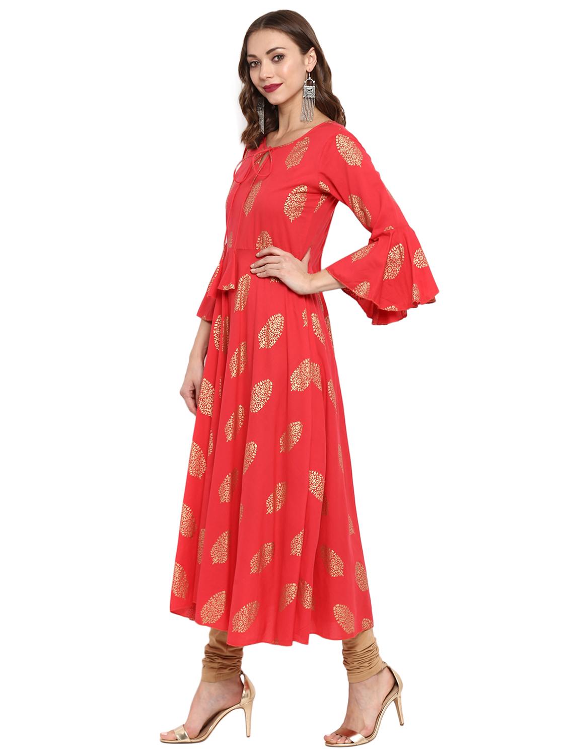 Foil print bell sleeves a-line kurta - 15772327 - Zoom Image - 2