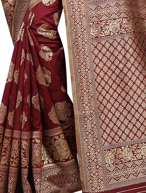 maroon zari jacquard banarasi saree with blouse - 15775556 - Standard Image - 2