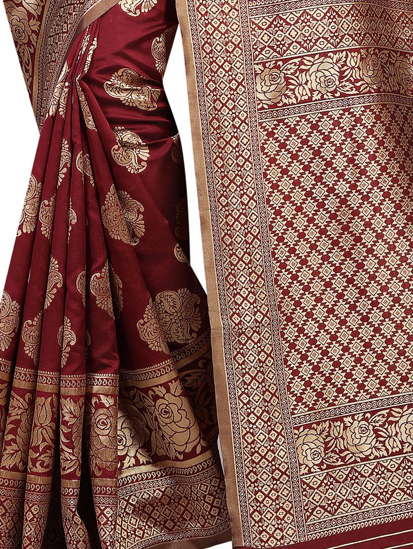maroon zari jacquard banarasi saree with blouse - 15775556 - Zoom Image - 2