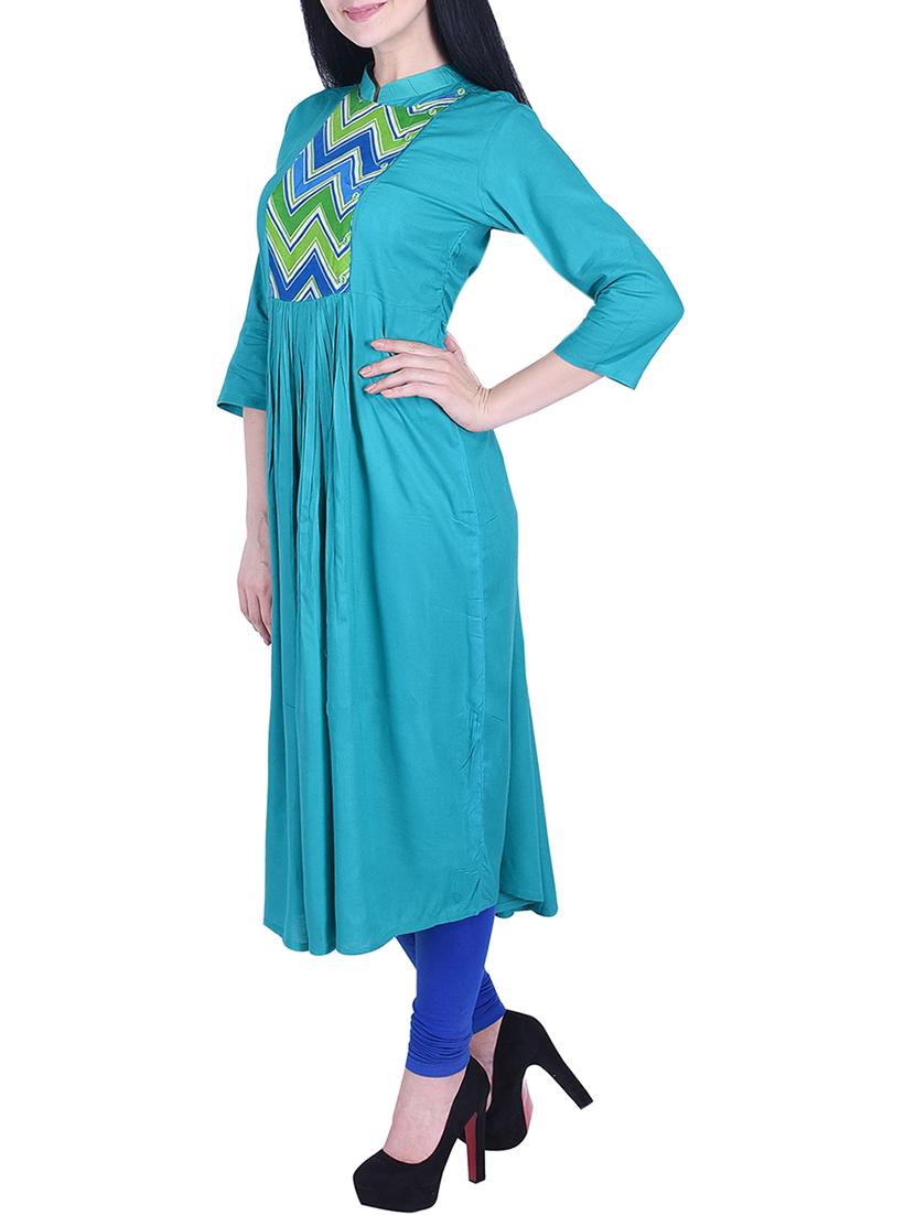 turquoise chevron flared kurta - 15781016 - Zoom Image - 2