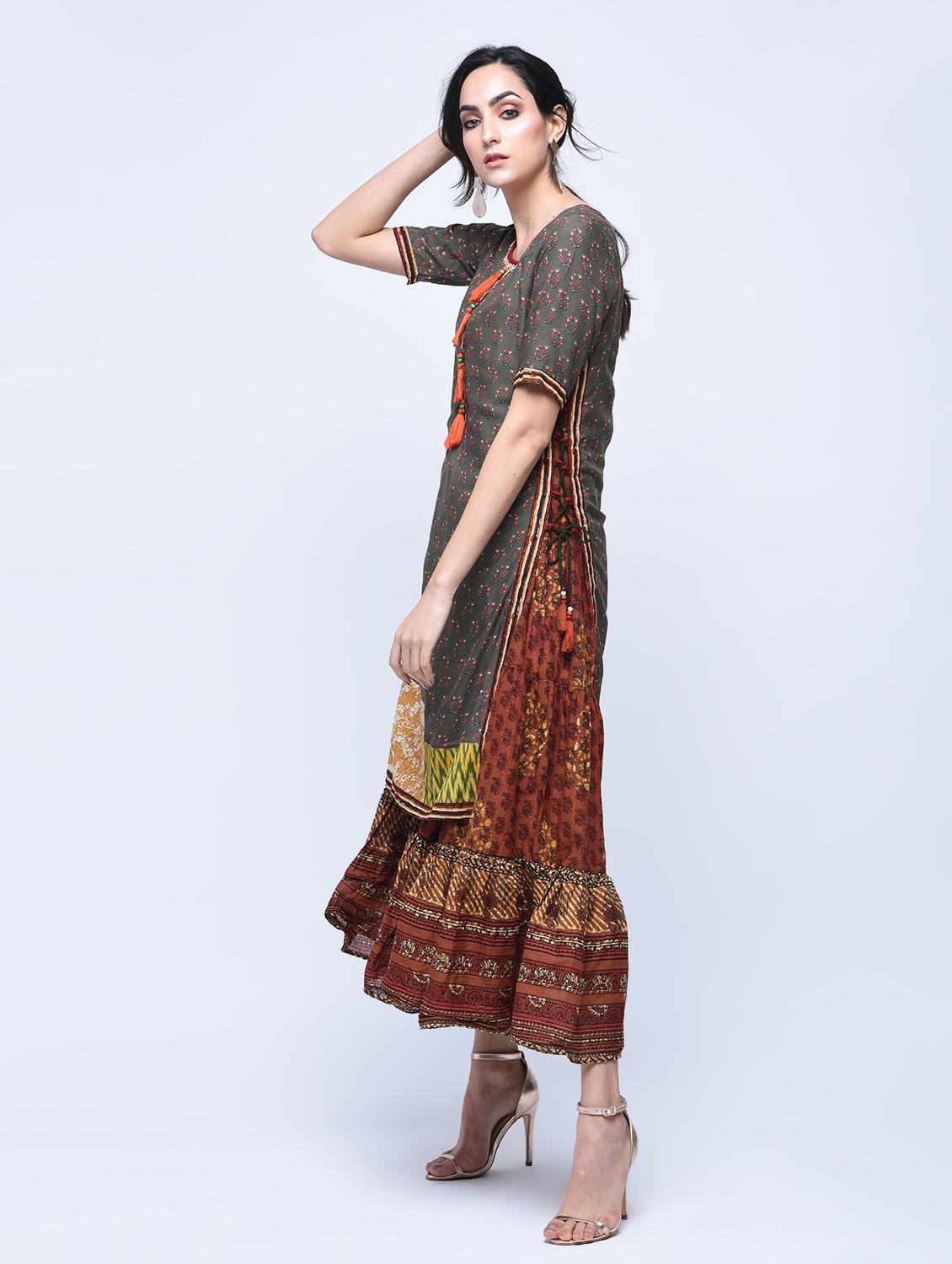 printed layered kurta with tassels - 15781244 - Zoom Image - 2