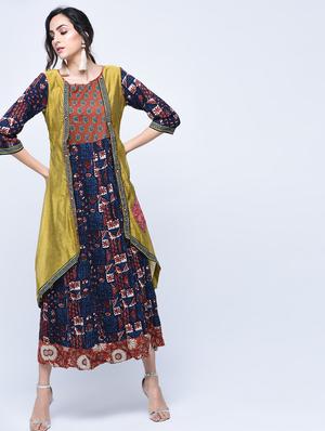 ethnic motifs printed layered dress - 15781247 - Standard Image - 2