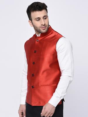 red silk nehru jacket - 15782265 - Standard Image - 2