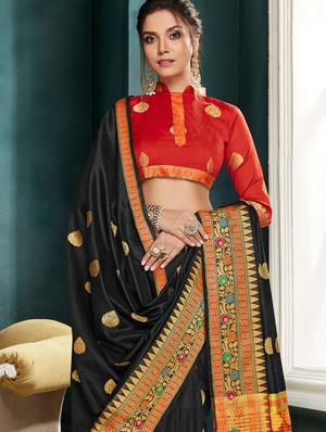 ethnic motif foil printed saree with blouse - 15793894 - Standard Image - 2
