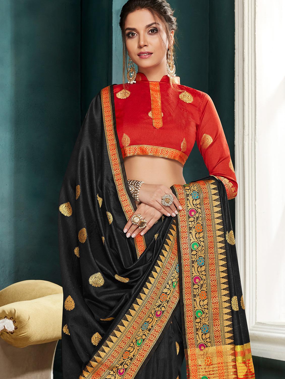 ethnic motif foil printed saree with blouse - 15793894 - Zoom Image - 2