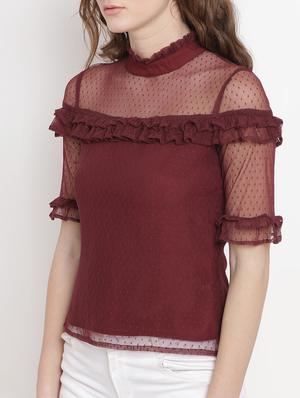 Ruffle detail dobby sheer panel top - 15797143 - Standard Image - 2