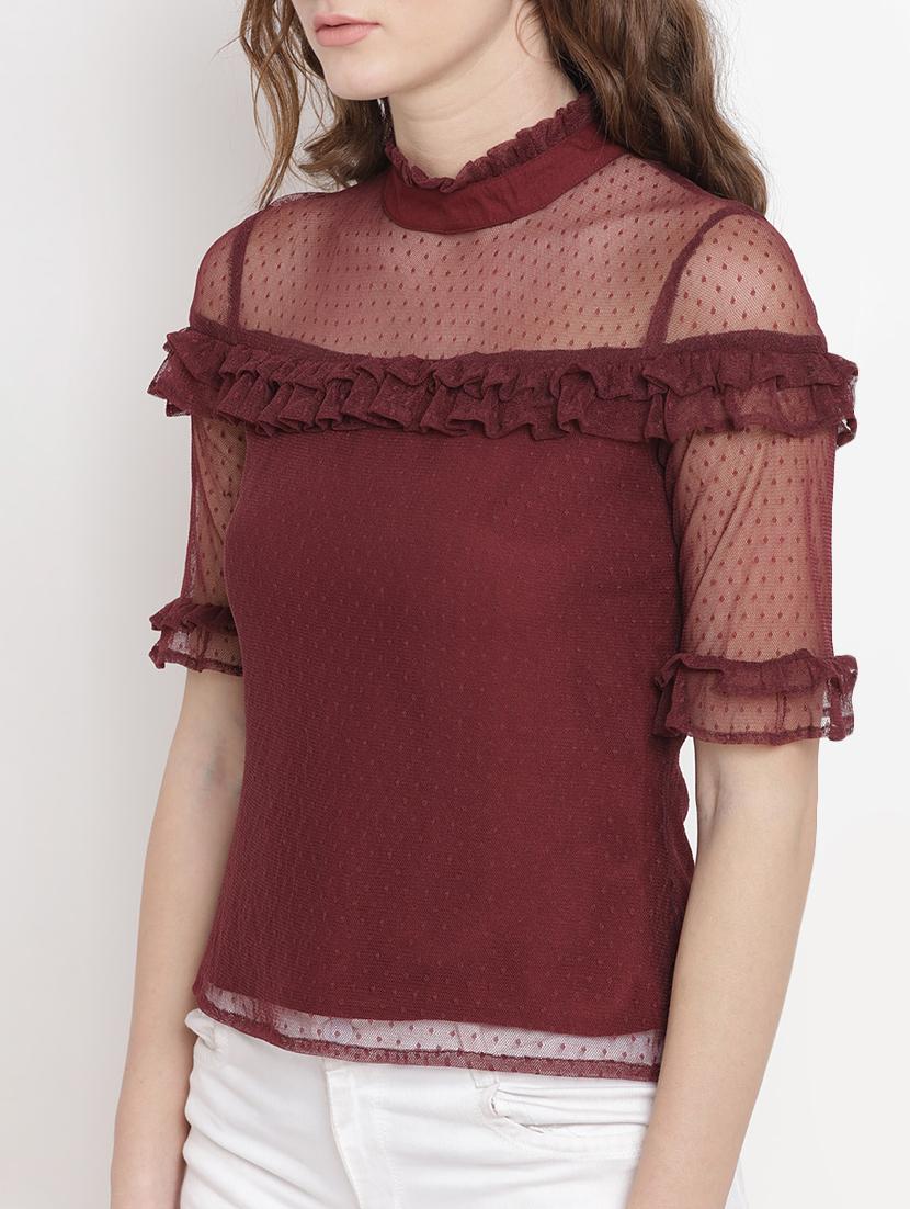 Ruffle detail dobby sheer panel top - 15797143 - Zoom Image - 2