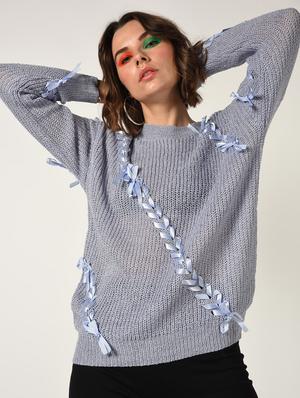dropped shoulder lace up detail pullover - 15800287 - Standard Image - 2