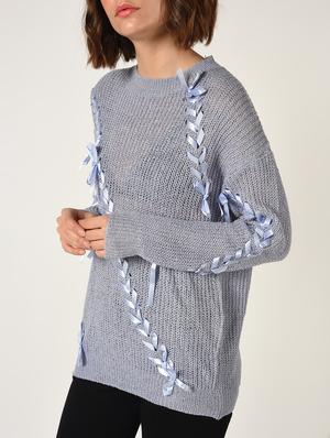 dropped shoulder lace up detail pullover - 15800287 - Standard Image - 5