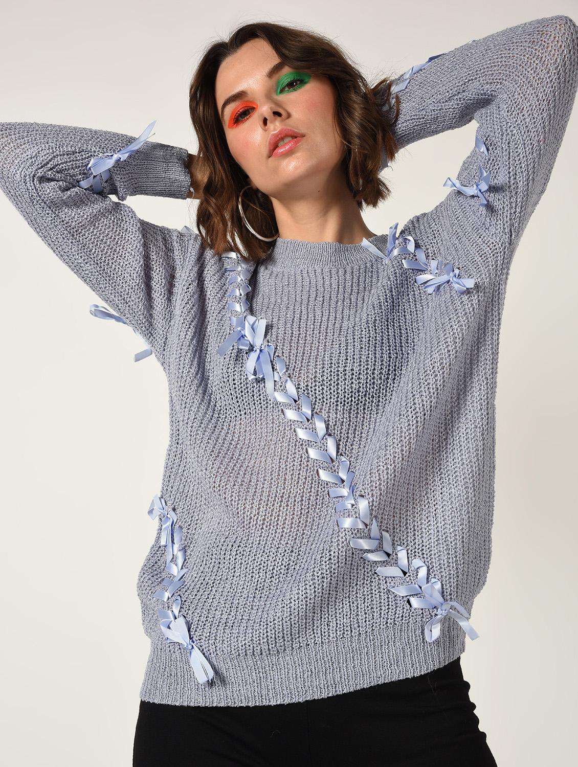 dropped shoulder lace up detail pullover - 15800287 - Zoom Image - 2