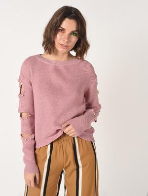 pearl embellished cut out sleeved top - 15801661 - Standard Image - 2