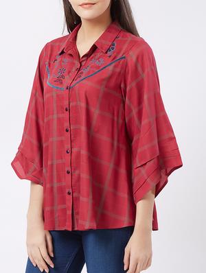 embroidered checkered flared sleeved shirt - 15805889 - Standard Image - 2