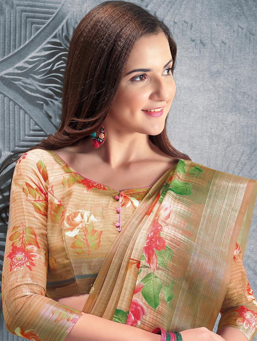 digital floral printed linen saree with blouse - 15817384 - Zoom Image - 2