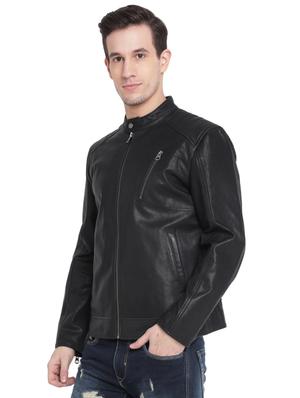 black solid 100% leather jacket - 15817478 - Standard Image - 2